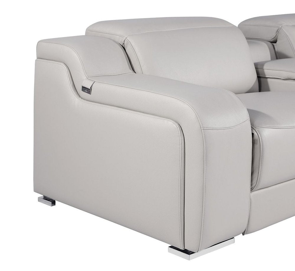 Light Gray Italian Leather Power Reclining L Shaped Five Piece Corner Sectional