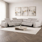 Light Gray Italian Leather Power Reclining L Shaped Six Piece Corner Sectional With Console