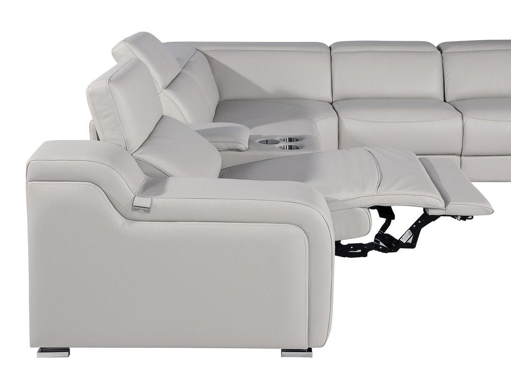Light Gray Italian Leather Power Reclining L Shaped Eight Piece Corner Sectional With Console