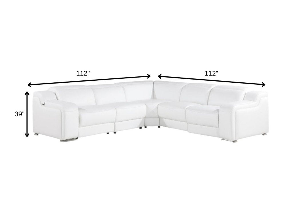 White Italian Leather Power Reclining L Shaped Five Piece Corner Sectional