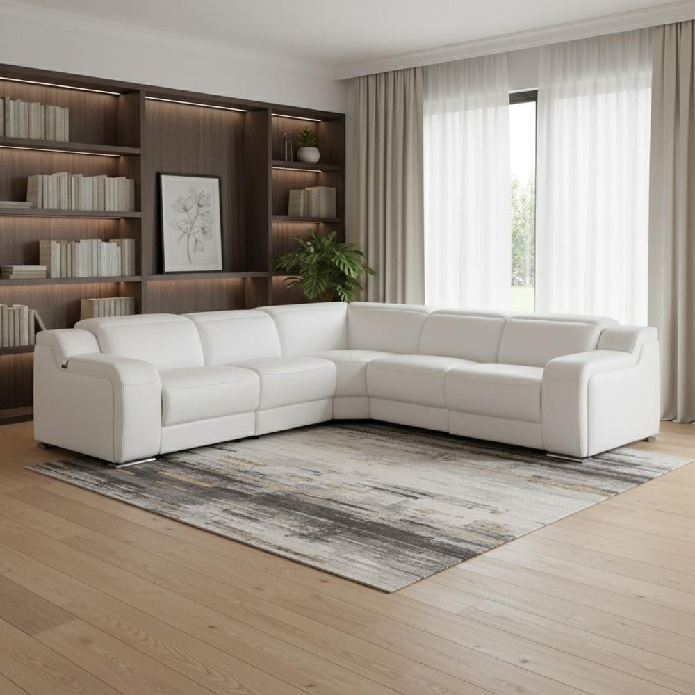 White Italian Leather Power Reclining L Shaped Five Piece Corner Sectional