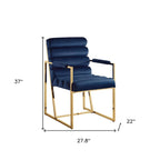 Set of Two Tufted Navy Blue And Gold Upholstered Velvet Dining Arm Chairs
