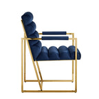 Set of Two Tufted Navy Blue And Gold Upholstered Velvet Dining Arm Chairs
