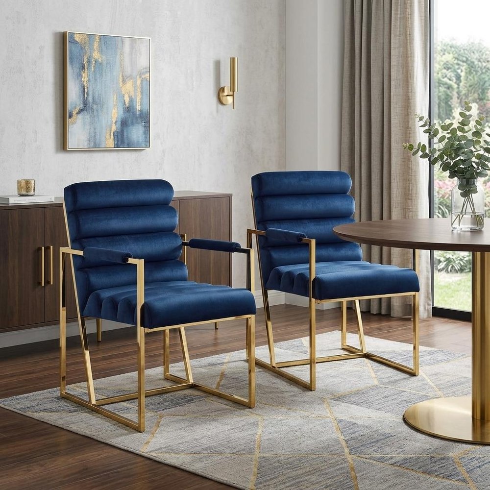 Set of Two Tufted Navy Blue And Gold Upholstered Velvet Dining Arm Chairs