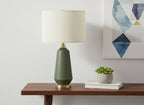 26" Green Ceramic Geometric Table Lamp With Ivory Drum Shade
