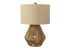 22" Brown Rattan Geometric Table Lamp With Beige Drum Shade