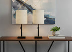 Set of Two 17" Black Metal Candlestick USB Table Lamps With Beige Drum Shade