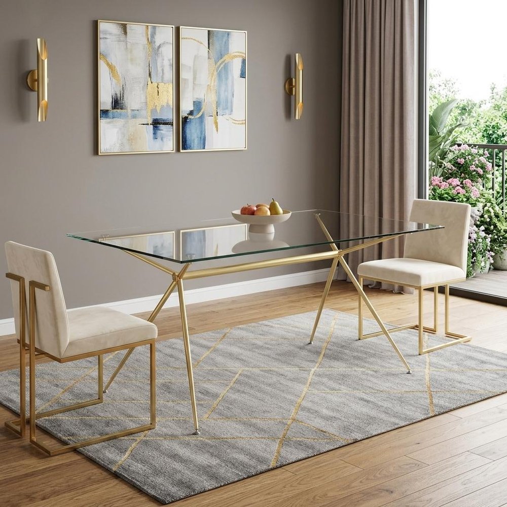 60" Clear And Gold Glass And Steel Dining Table