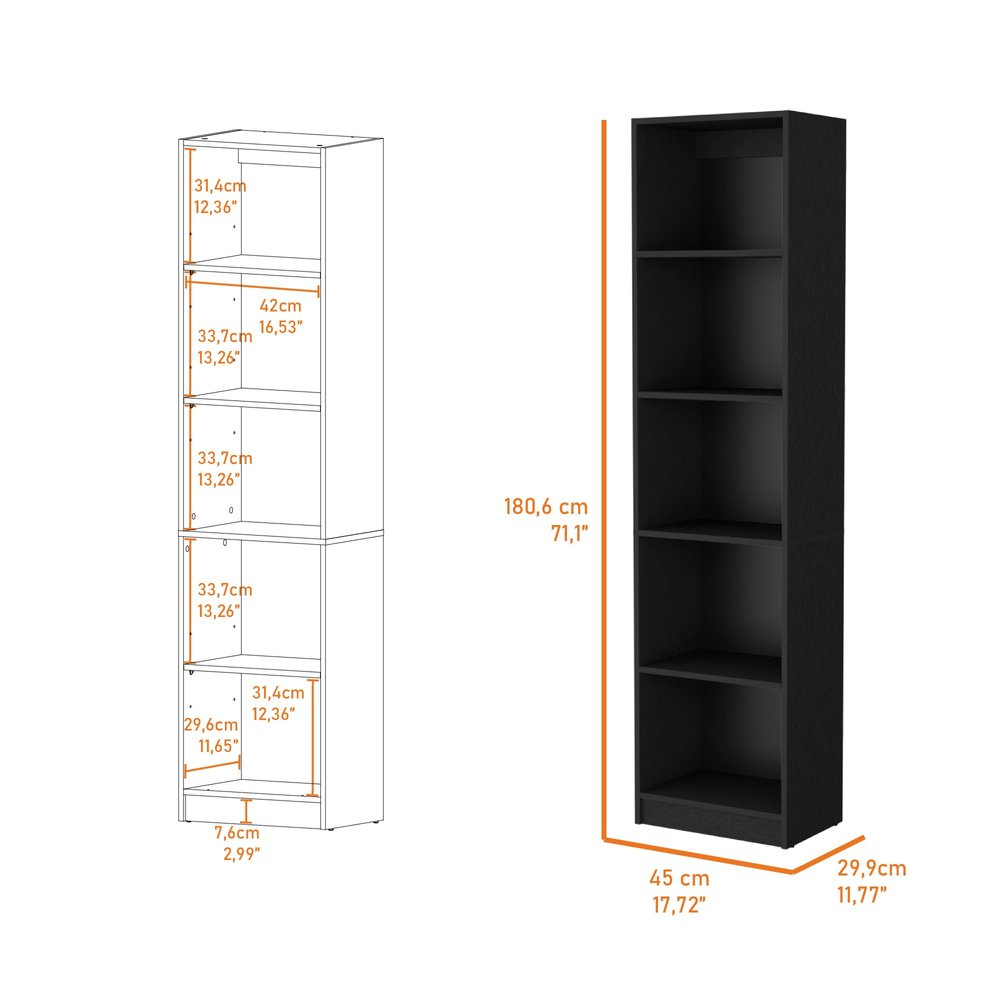 70" Black Wood Five Tier Bookcase