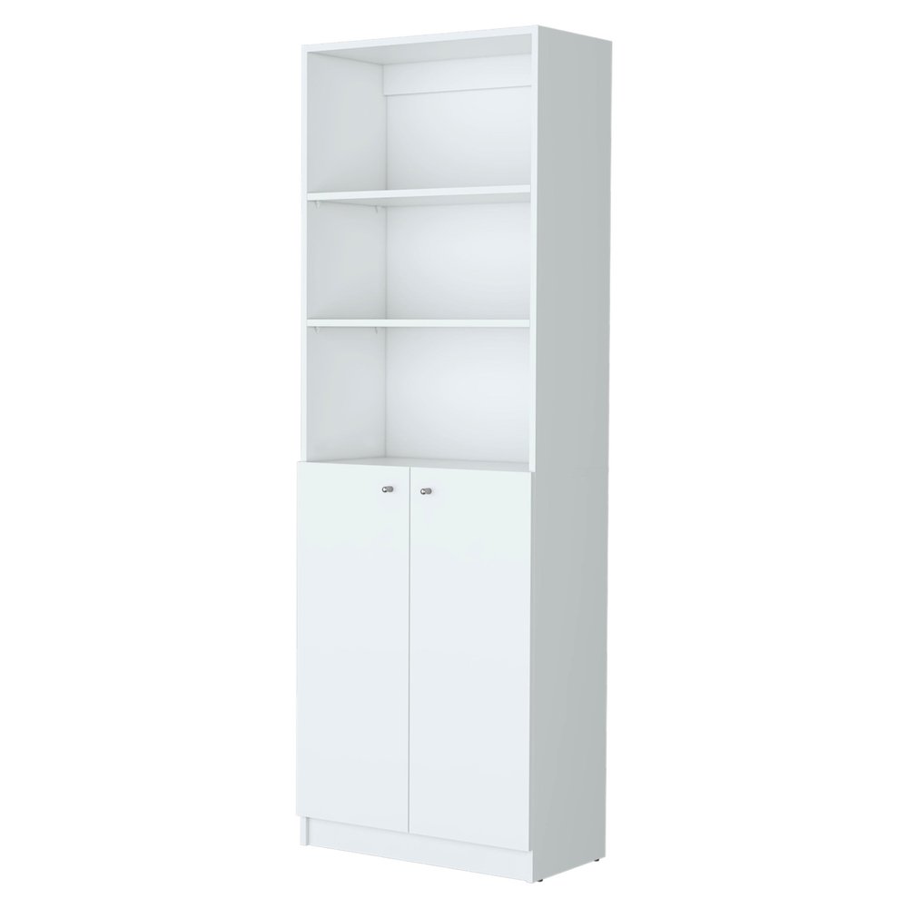 71" White Wood Three Tier Bookcase with Two Doors