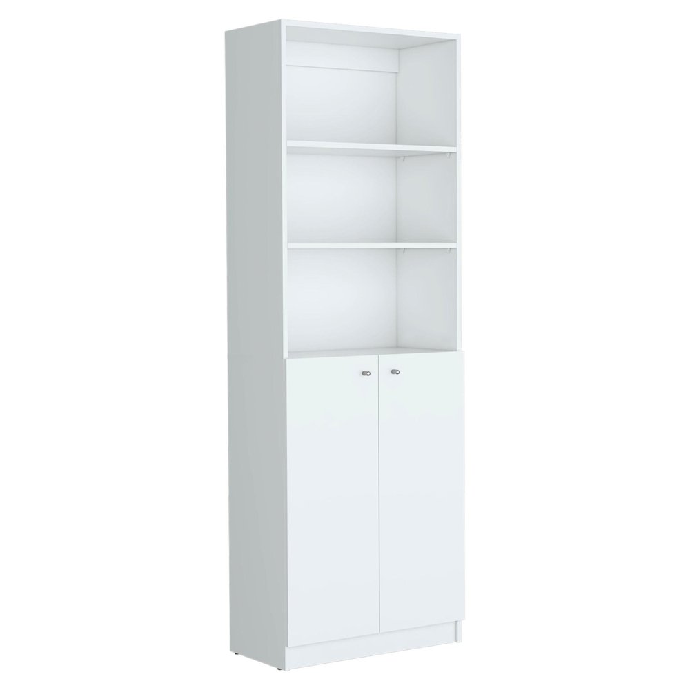 71" White Wood Three Tier Bookcase with Two Doors