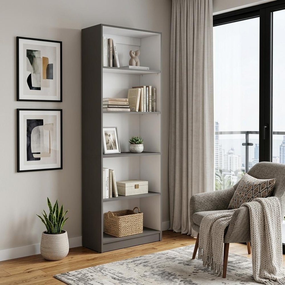 71" Gray And White Wood Five Tier Bookcase