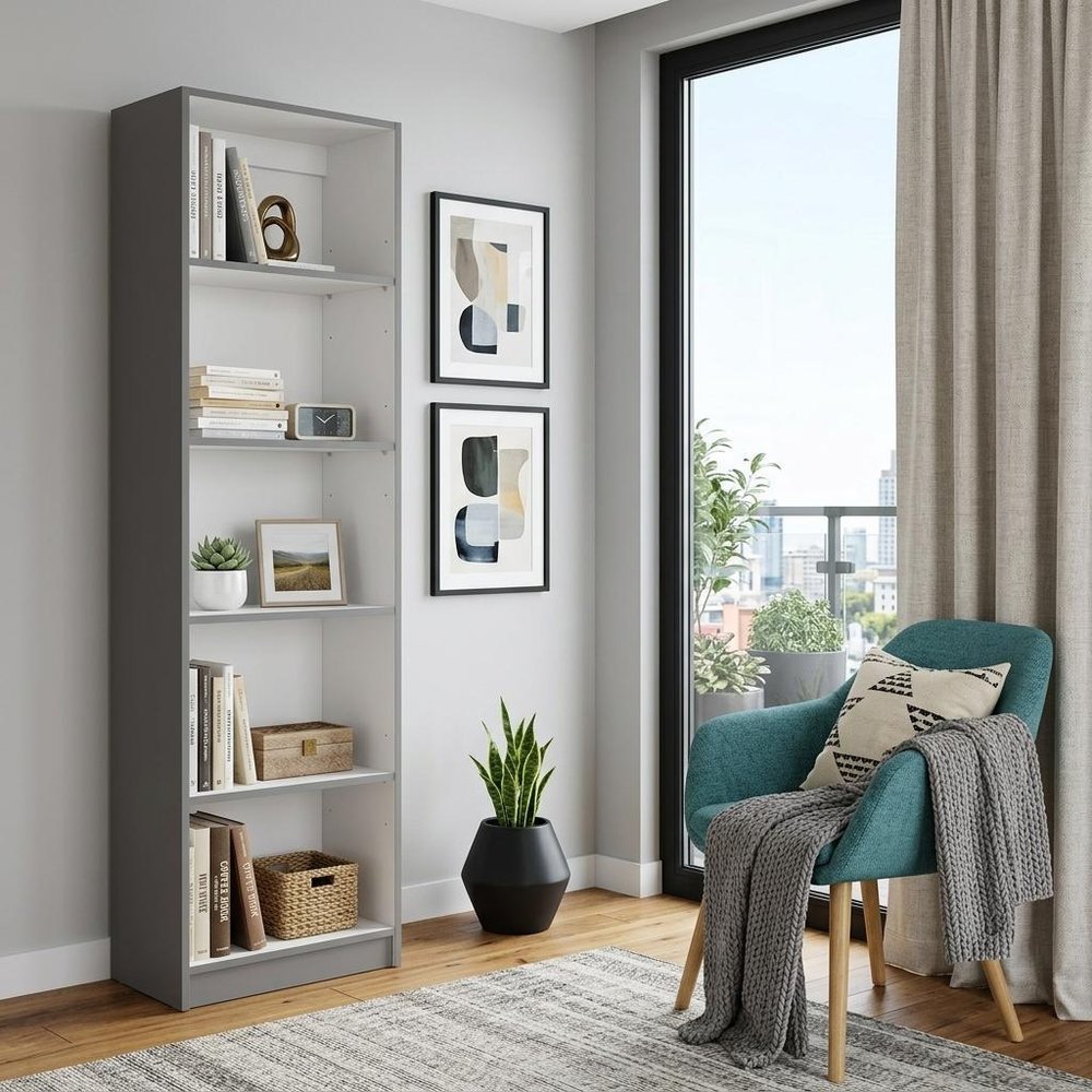 71" Gray And White Wood Five Tier Bookcase