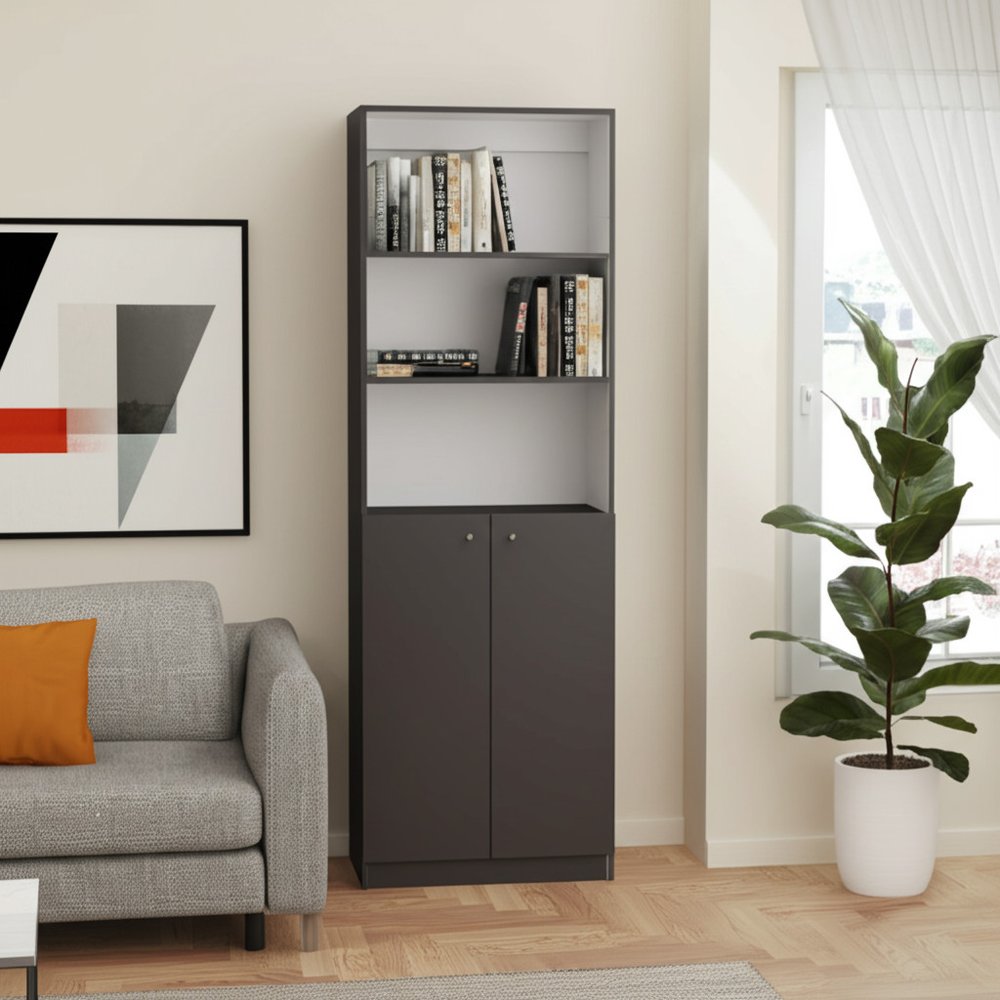 71" Gray And White Wood Three Tier Bookcase with Two Doors