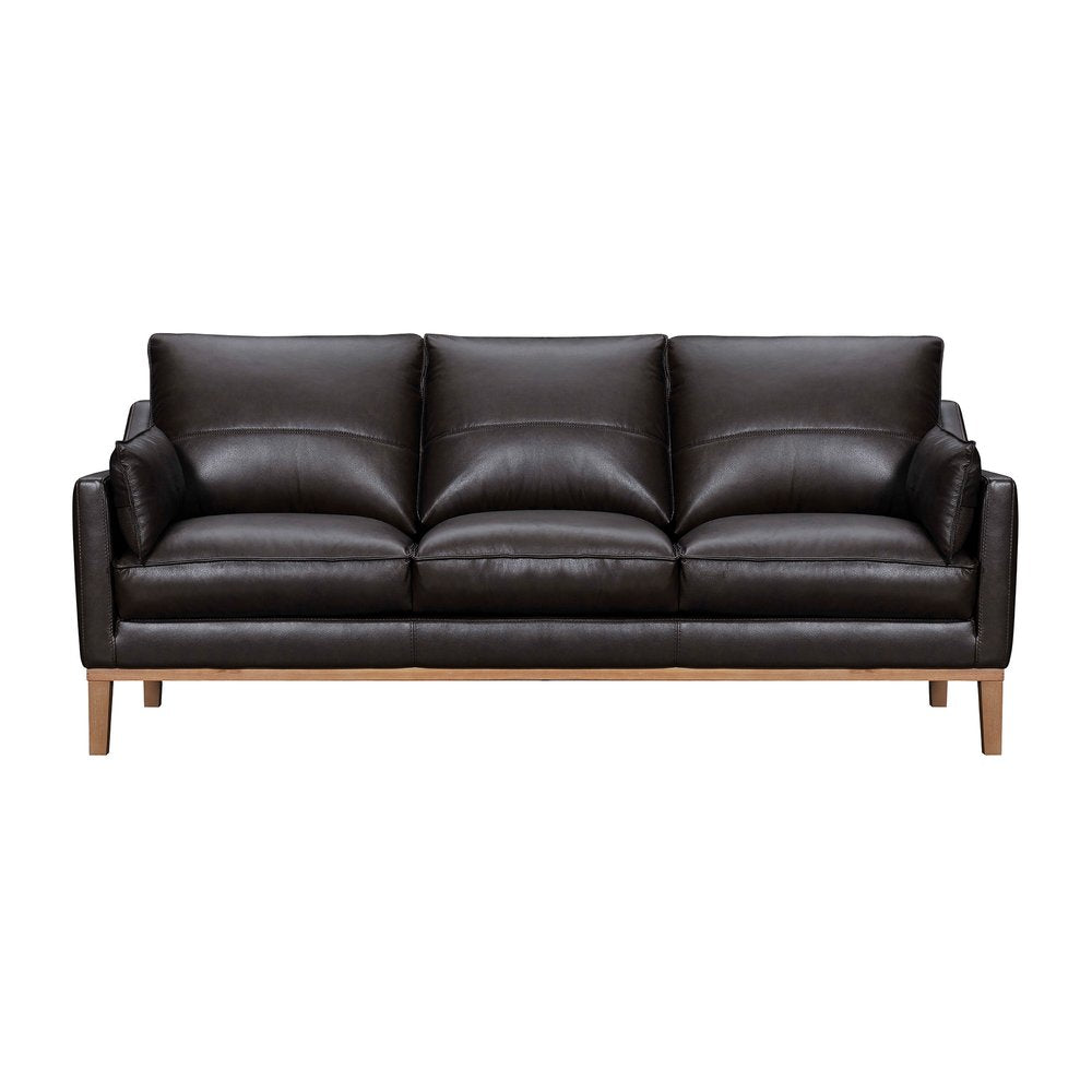 87" Gray Leather Sofa And Toss Pillows With Brown Legs