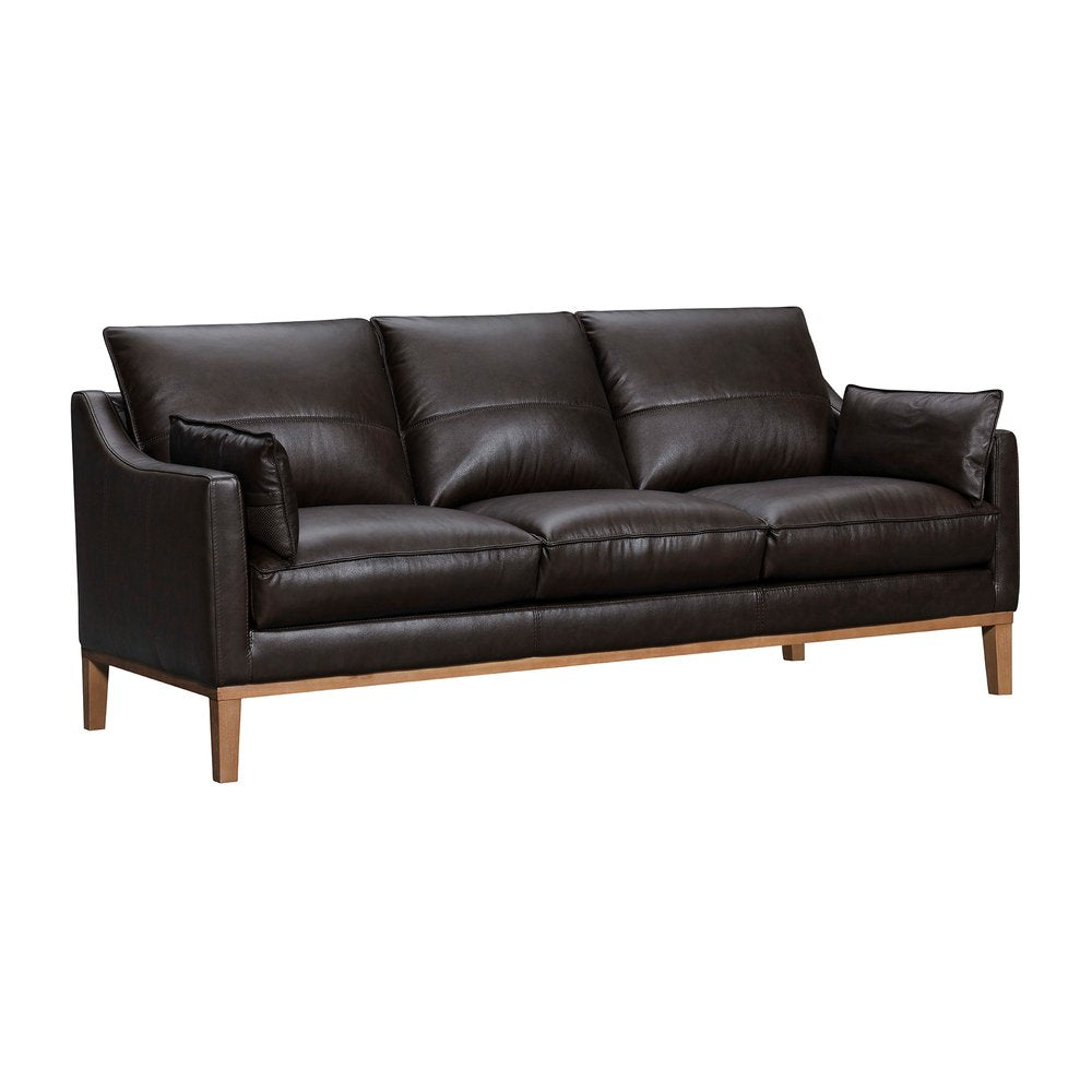 87" Gray Leather Sofa And Toss Pillows With Brown Legs