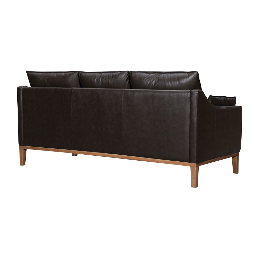 87" Gray Leather Sofa And Toss Pillows With Brown Legs
