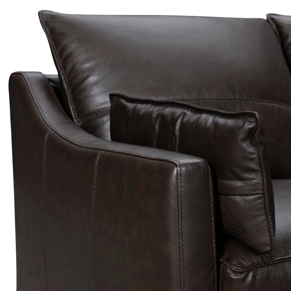 87" Gray Leather Sofa And Toss Pillows With Brown Legs