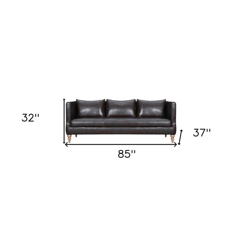 85" Gray Leather Sofa With Brown Legs