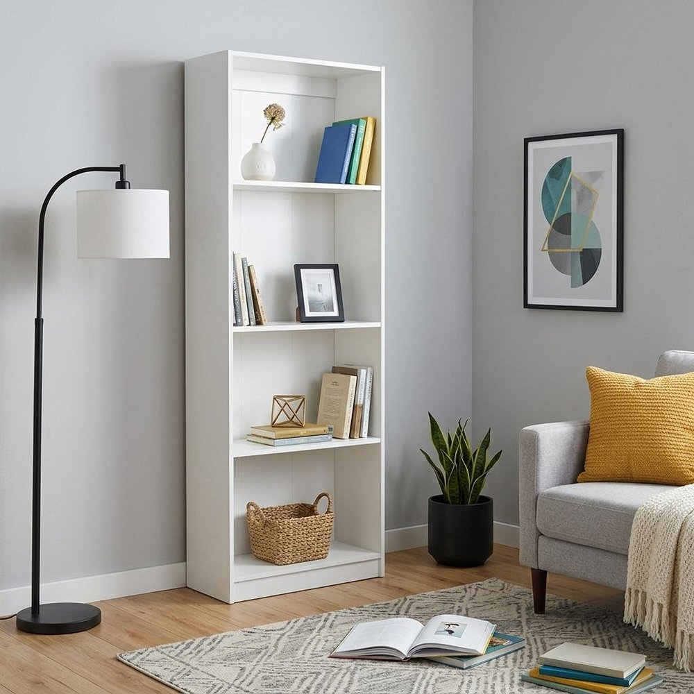 71" White Wood Four Tier Bookcase