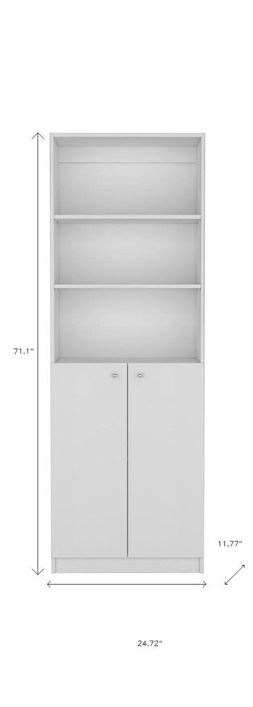 71" White Wood Three Tier Bookcase with Two Doors