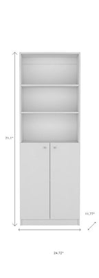 71" White Wood Three Tier Bookcase with Two Doors