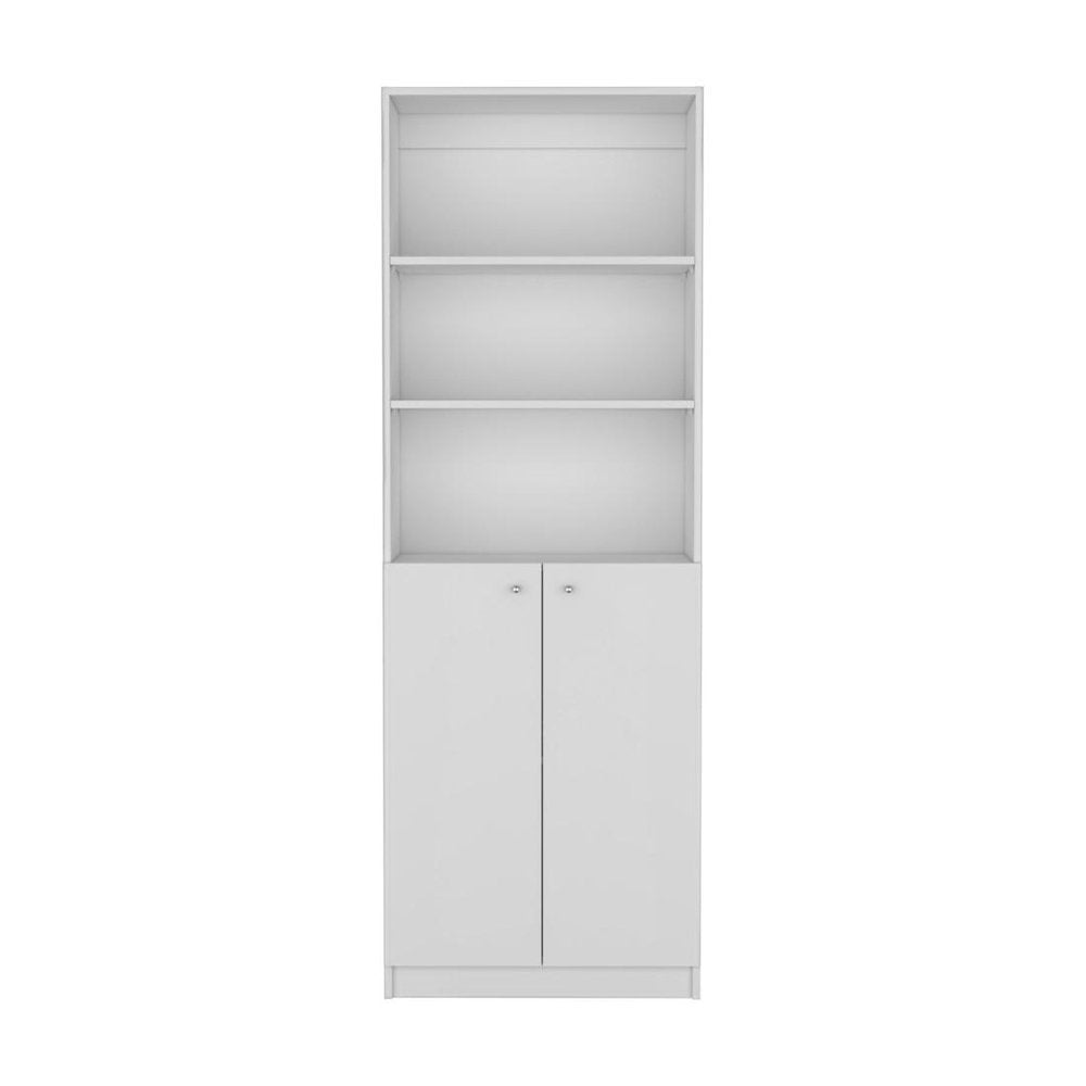 71" White Wood Three Tier Bookcase with Two Doors