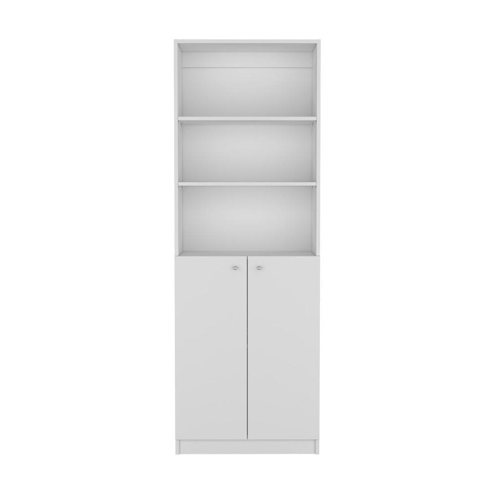 71" White Wood Three Tier Bookcase with Two Doors