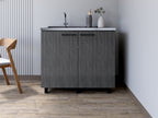 35" X 39" Dark Gray And Silver Stainless Steel and Wood Utility Cabinet With Sink