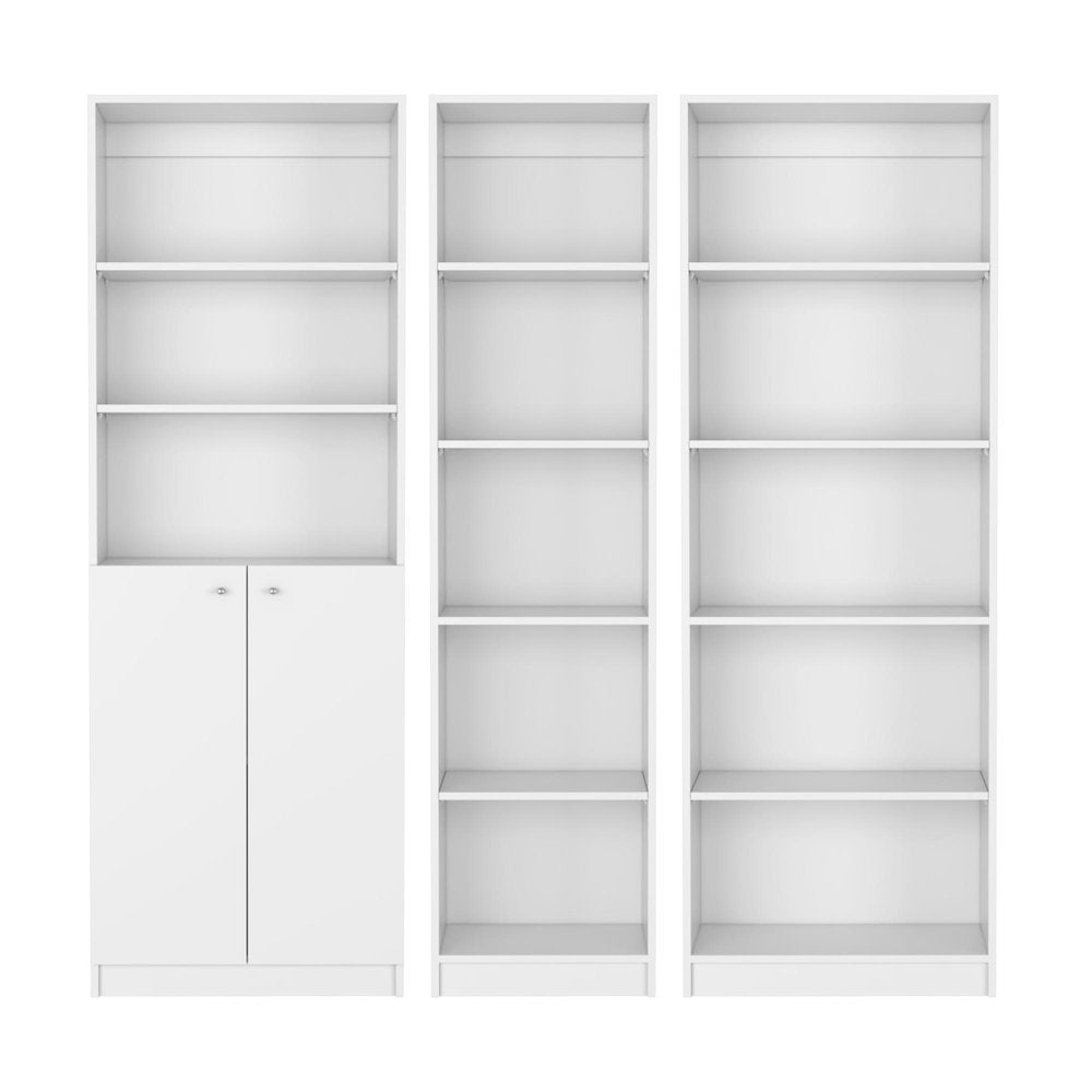Set of Three White Wood Five Tier Modular Bookcase with Two Doors