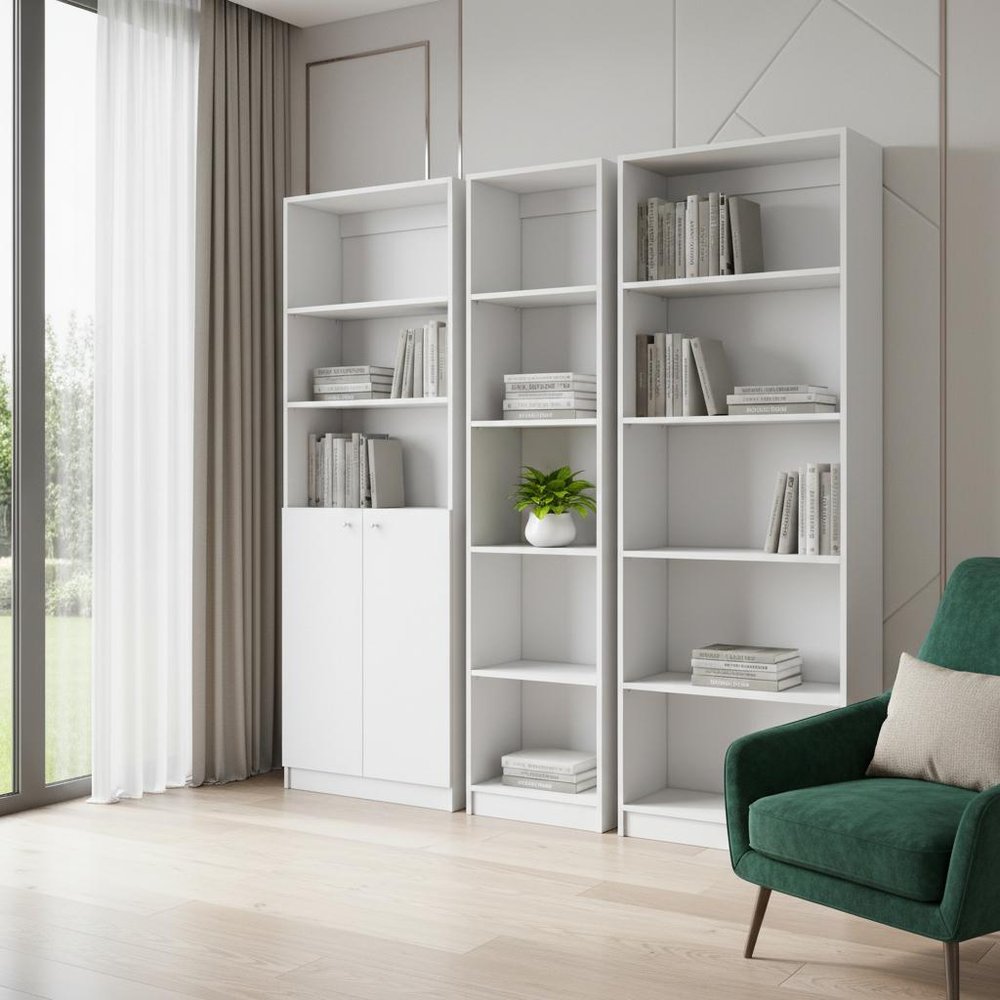 Set of Three White Wood Five Tier Modular Bookcase with Two Doors