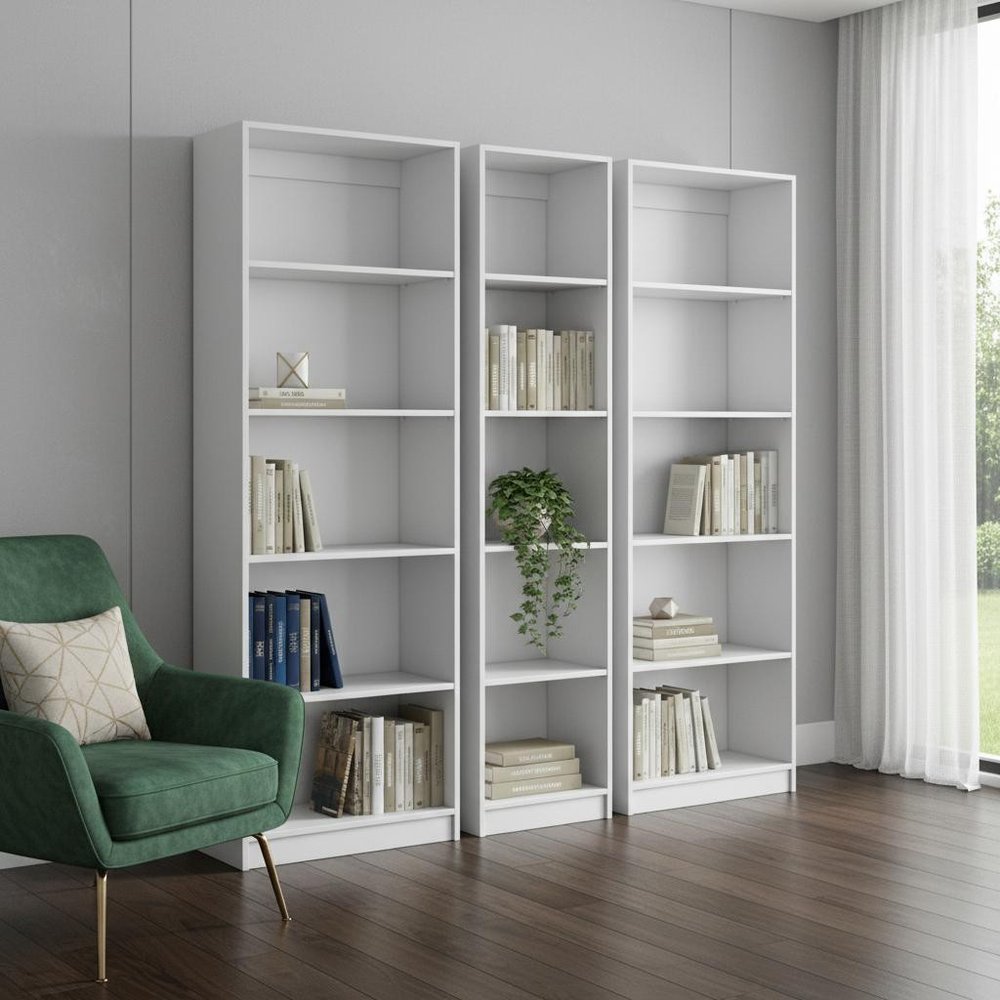 Set of Three White Wood Five Tier Modular Bookcase