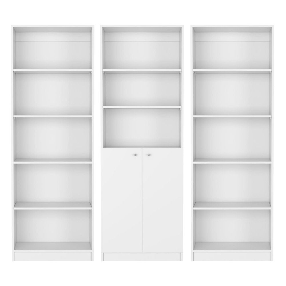 Set of Three White Wood Five Tier Modular Bookcase with Two Doors