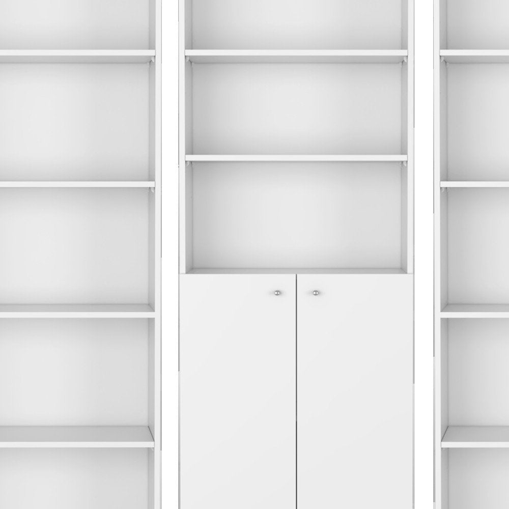 Set of Three White Wood Five Tier Modular Bookcase with Two Doors