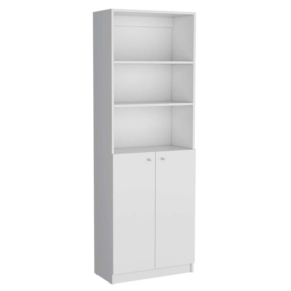 Set of Three White Wood Five Tier Modular Bookcase with Two Doors