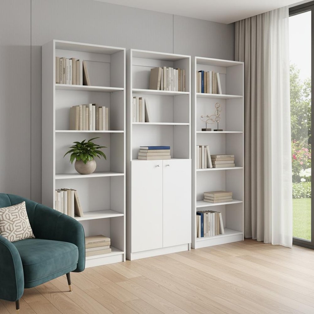 Set of Three White Wood Five Tier Modular Bookcase with Two Doors