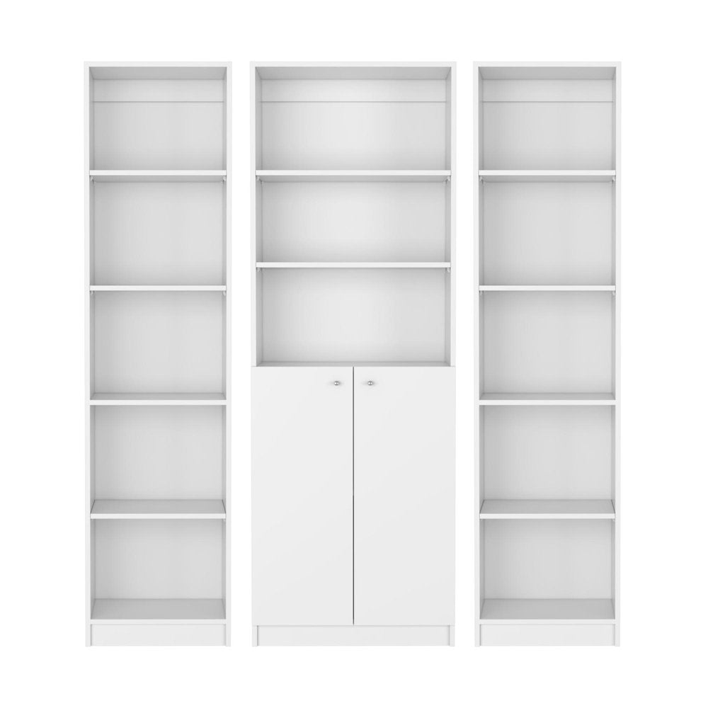 Set of Three White Wood Five Tier Modular Bookcase with Two Doors