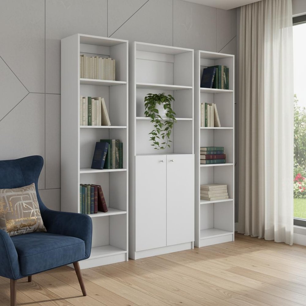 Set of Three White Wood Five Tier Modular Bookcase with Two Doors