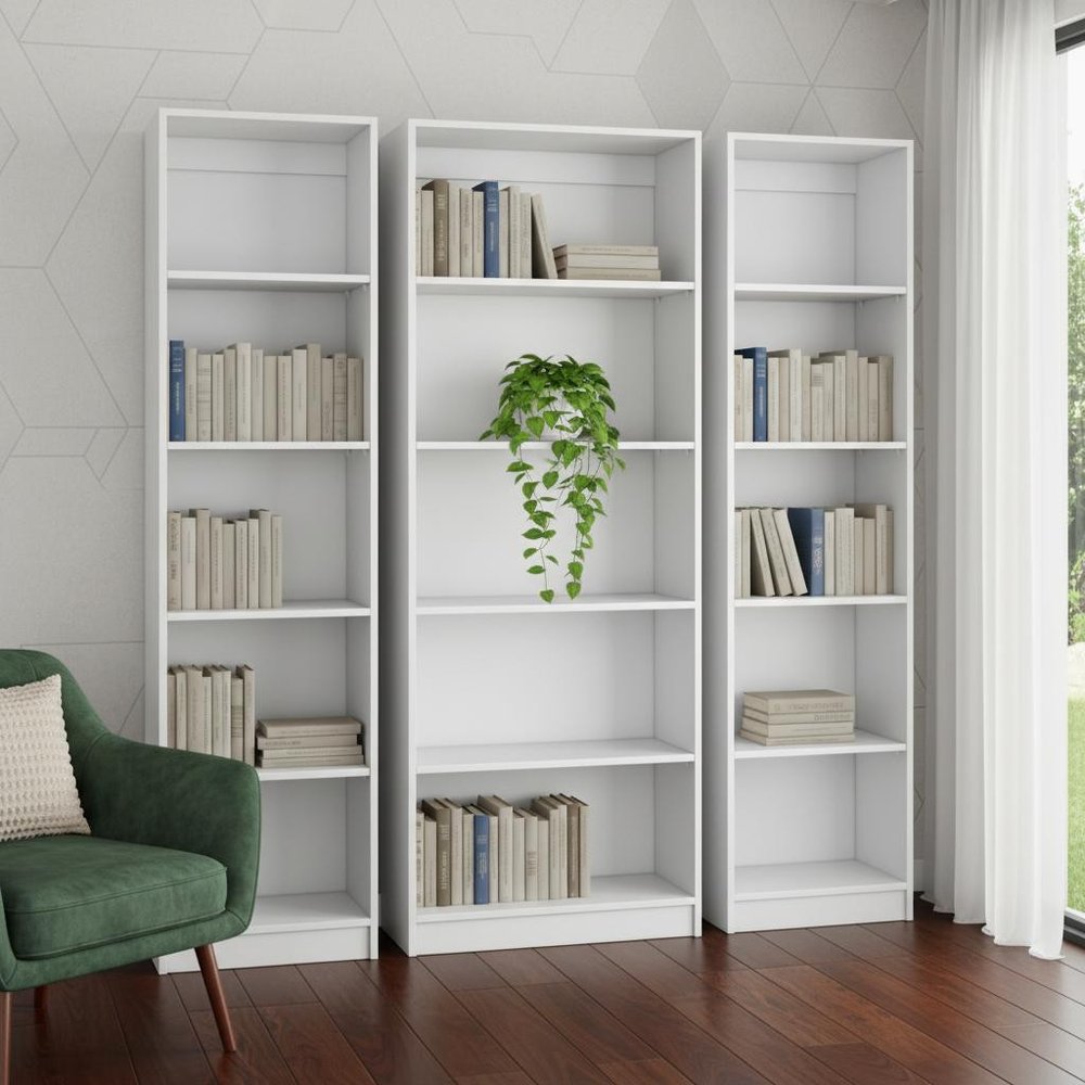Set of Three White Wood Five Tier Modular Bookcase