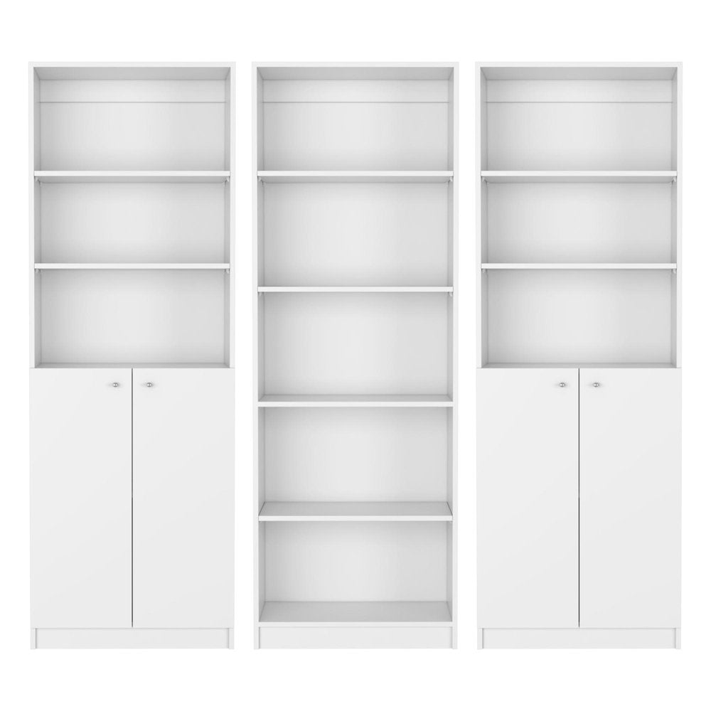 Set of Three White Wood Five Tier Modular Bookcase with Four Doors