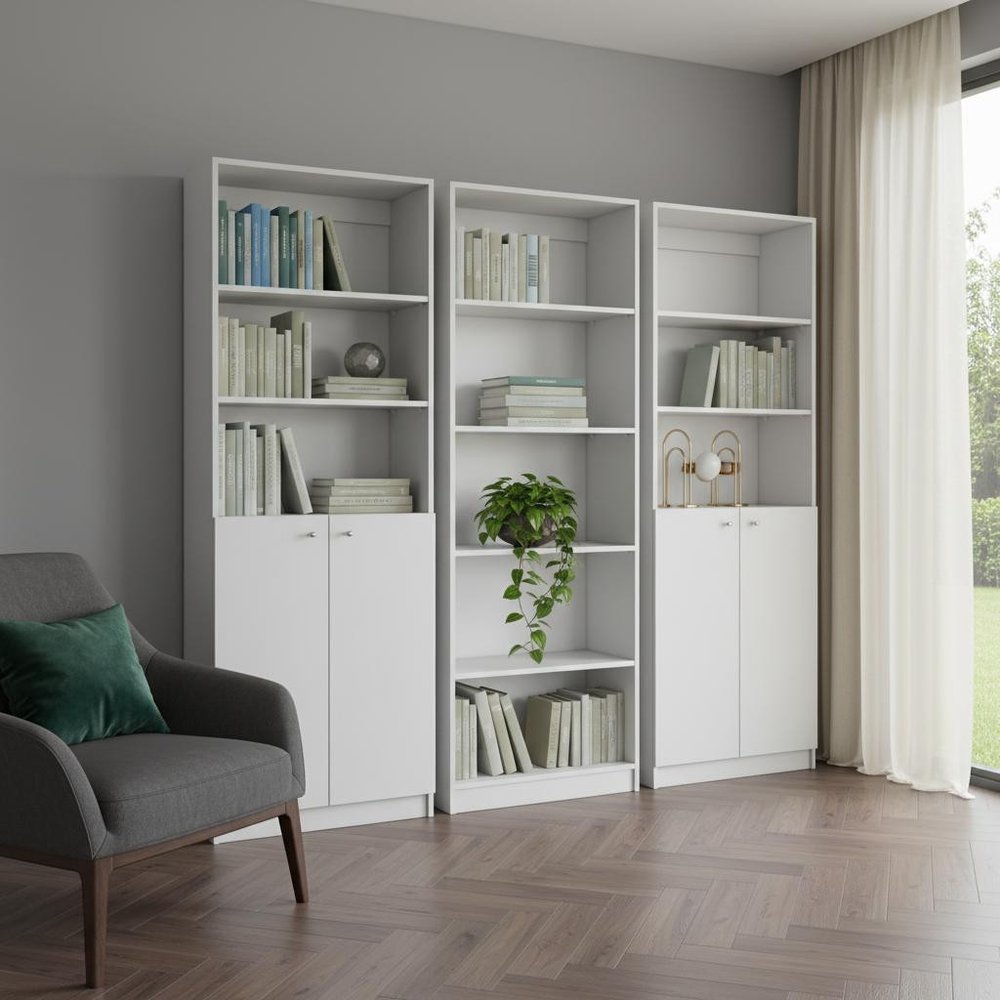 Set of Three White Wood Five Tier Modular Bookcase with Four Doors