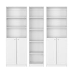 Set of Three White Wood Five Tier Modular Bookcase with Four Doors