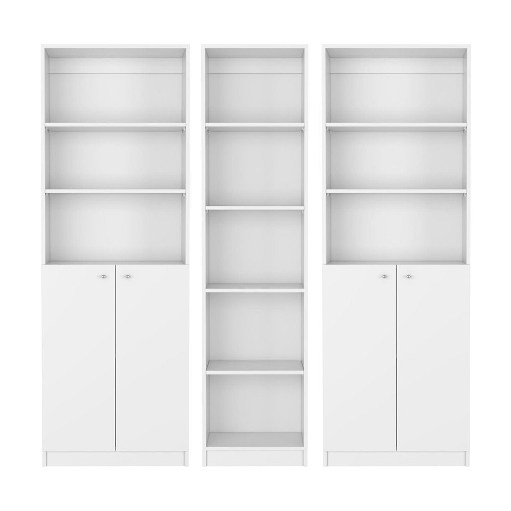 Set of Three White Wood Five Tier Modular Bookcase with Four Doors