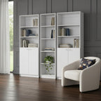 Set of Three White Wood Five Tier Modular Bookcase with Four Doors