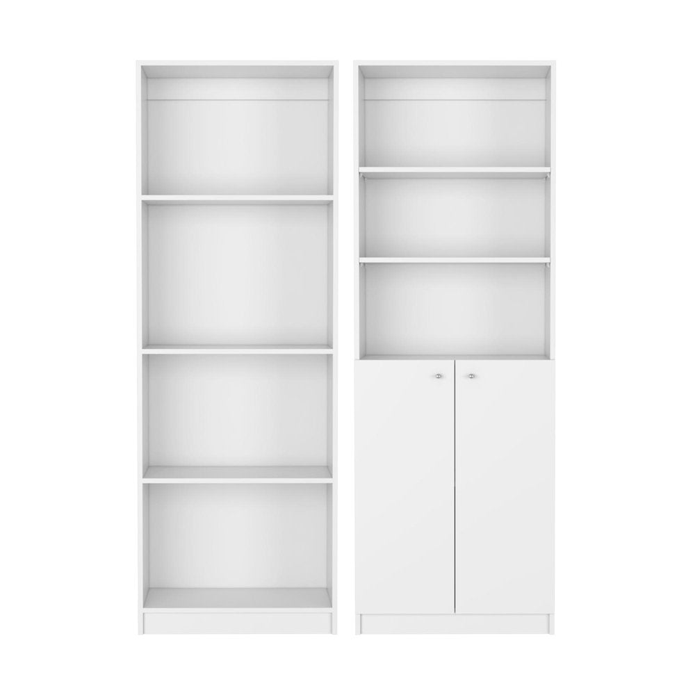 Set of Two White Wood Seven Tier Modular Bookcase with Two Doors