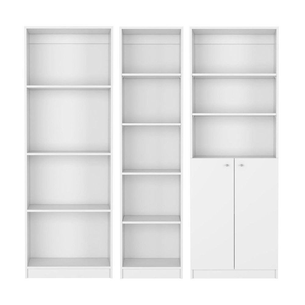 Set of Three White Wood Twelve Tier Modular Bookcase with Two Doors