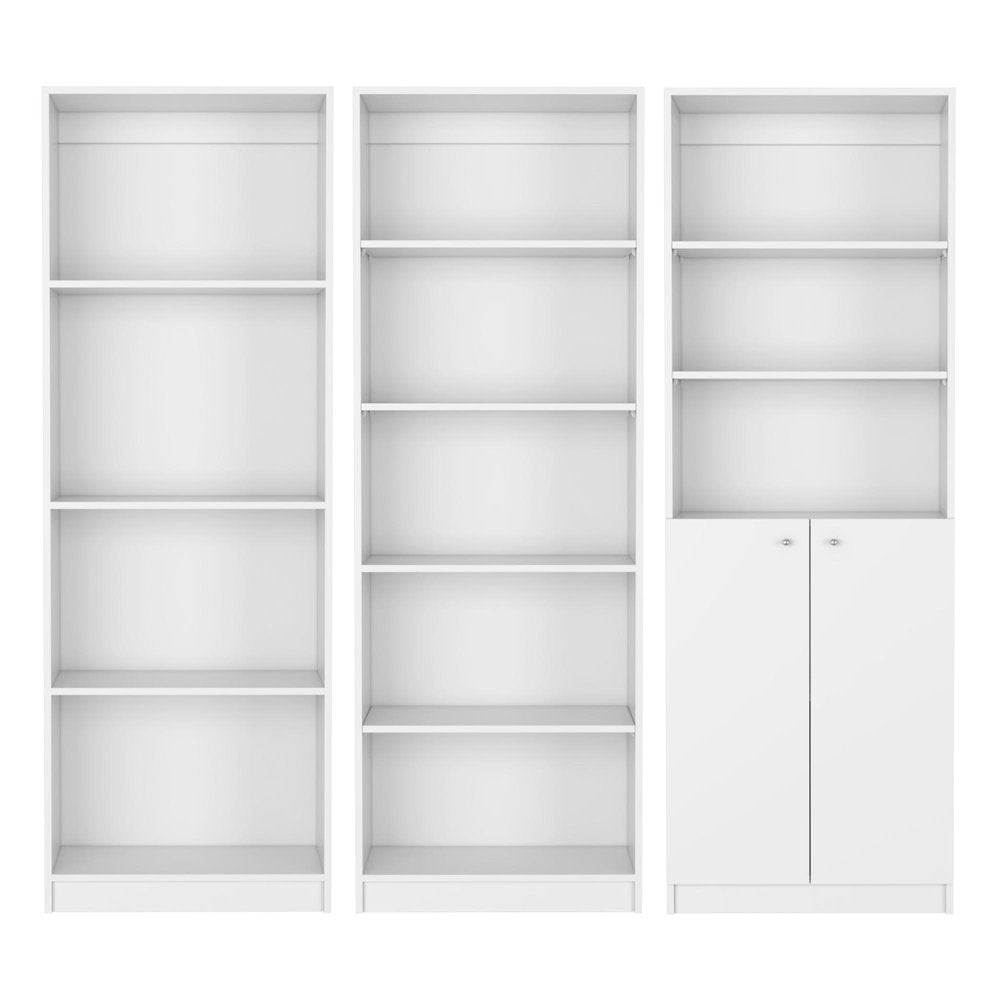 Set of Three White Wood Twelve Tier Modular Bookcase with Two Doors