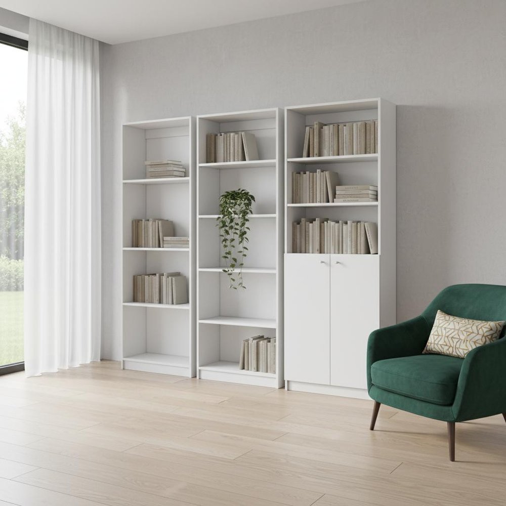 Set of Three White Wood Twelve Tier Modular Bookcase with Two Doors