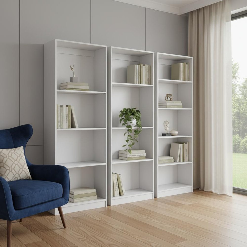 Set of Three White Wood Thirteen Tier Modular Bookcase
