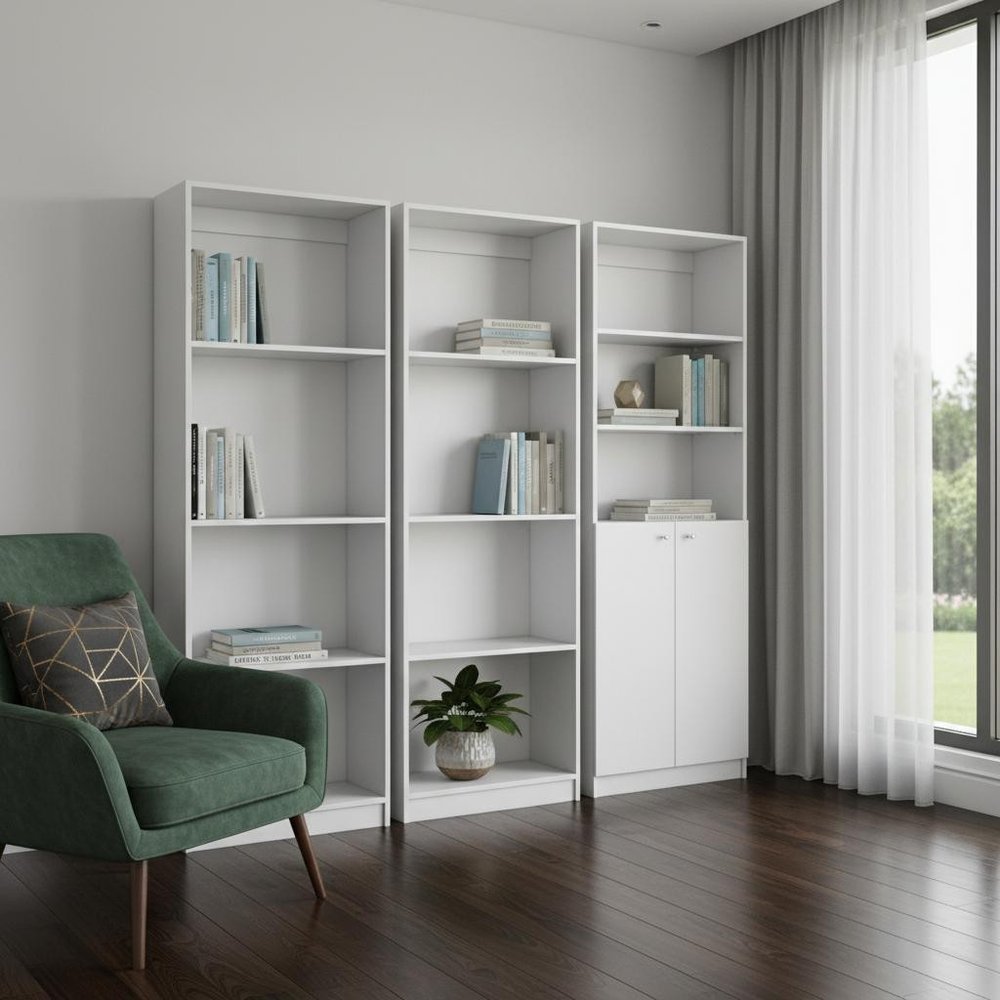 Set of Three White Wood Eleven Tier Modular Bookcase with Two Doors